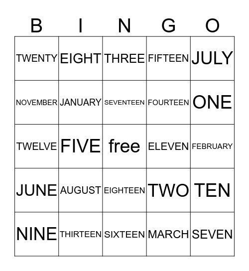 NUMBERS AND MONTHS Bingo Card