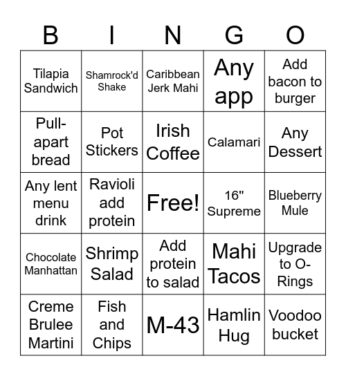 Lent Menu Bingo Card