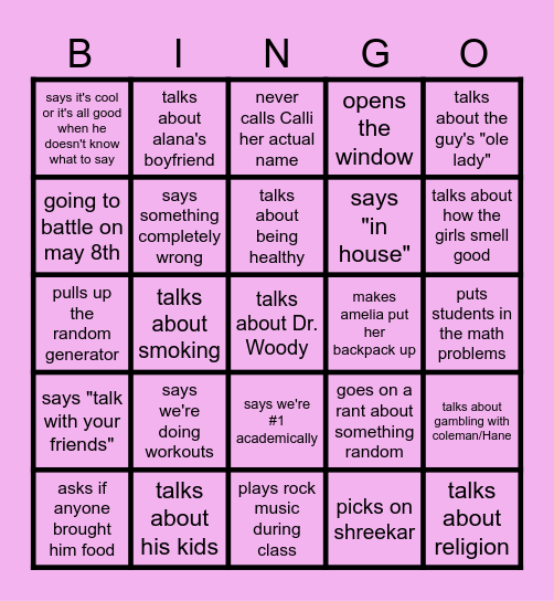 Mr. Anderton Bingo Card