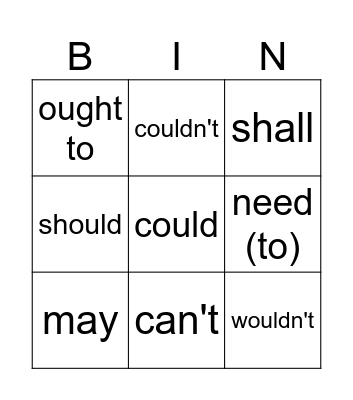 Modal Verbs Bingo Card