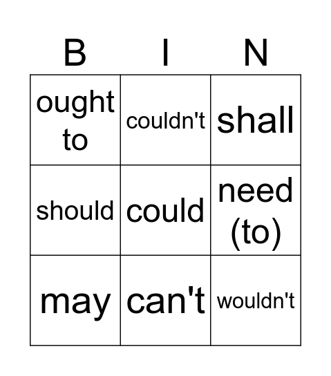 Modal Verbs Bingo Card