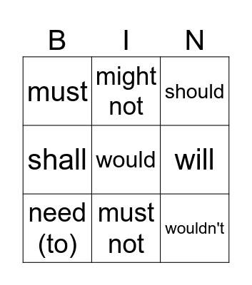 Modal Verbs Bingo Card