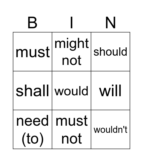 Modal Verbs Bingo Card