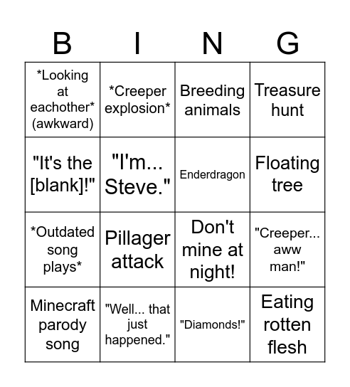 A Minecraft Movie Bingo Card