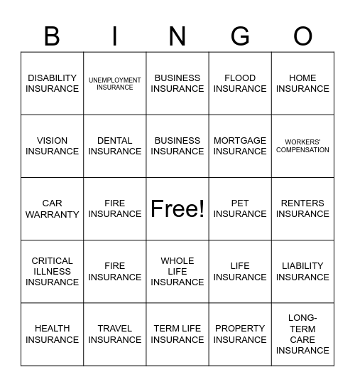 INSURANCE BINGO CARD Bingo Card