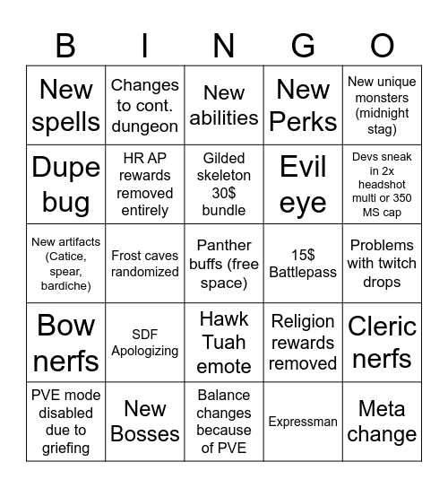 Dark and Darker Season 6 (The last season) Bingo Card