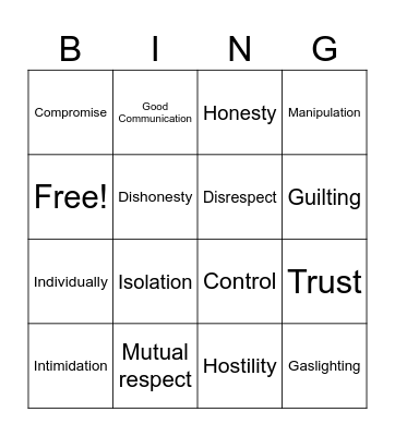 Relationships Bingo Card