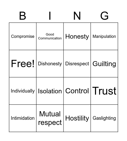 Relationships Bingo Card