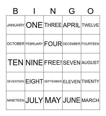 NUMBERS and MONTHS Bingo Card