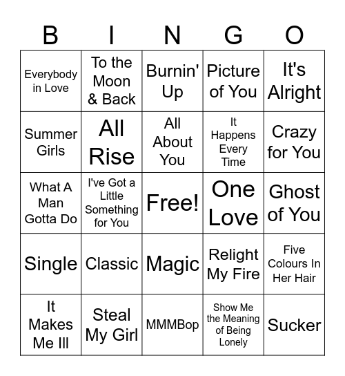 Boy Band Music Bingo Round 1 Bingo Card
