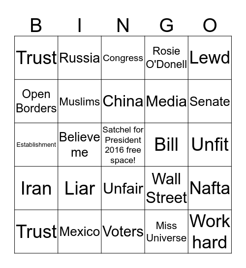 Satchel for President 2016  Rep. vs. Dem. Bingo Card