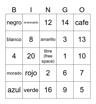 Numbers and Colors (Spanish) Bingo Card
