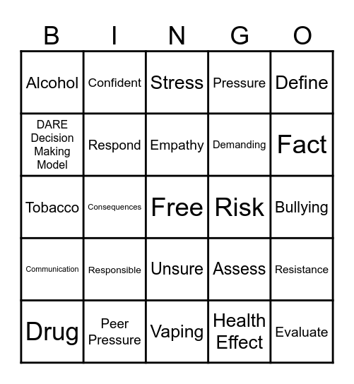 DARE Bingo Card