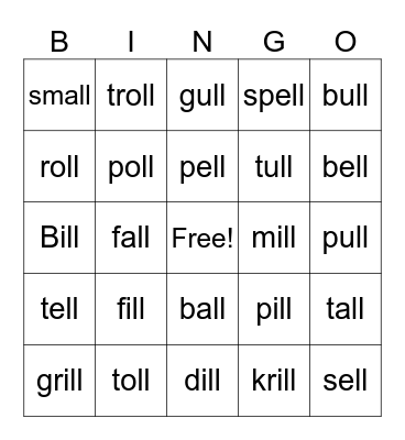 -ll words Bingo Card