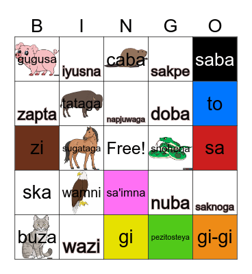 Animals, Colors, Numbers Bingo Card
