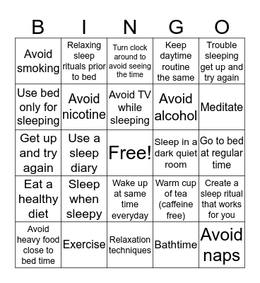 Sleep Hygiene Bingo Card