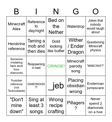 MINECRAFT MOVIE BINGO Card