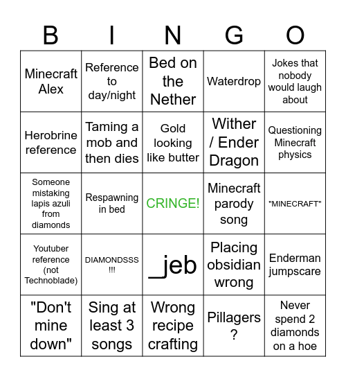 MINECRAFT MOVIE BINGO Card