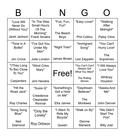 Across The Decades: 50's-90's Music Bingo Card