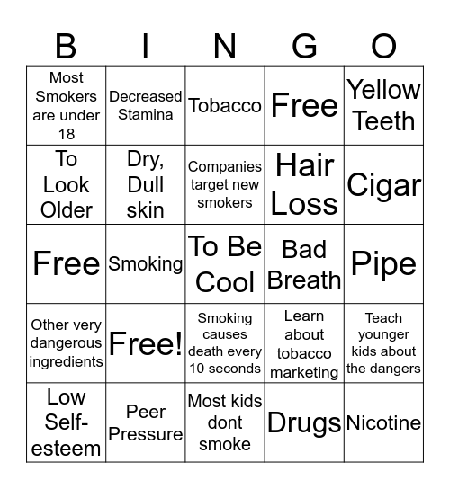 Tobacco Bingo Card