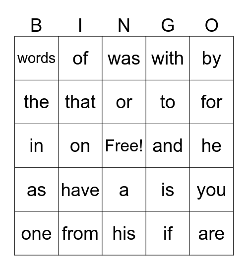Sight Word Bingo Card