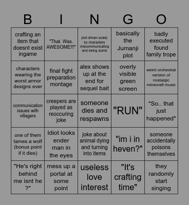 the Minecraft movie bingo Card