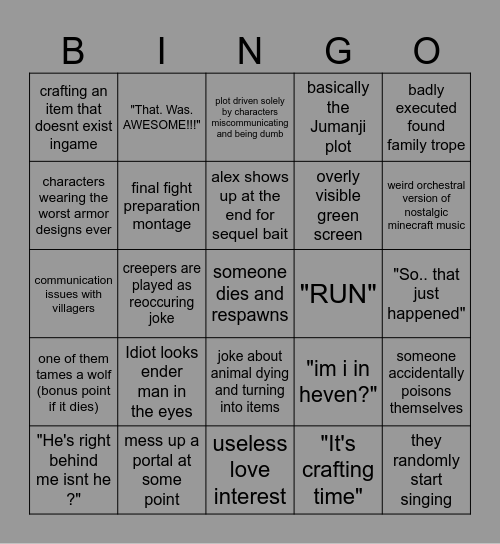 the Minecraft movie bingo Card