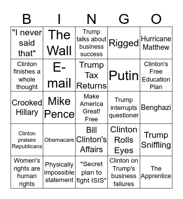 Presidential Debate Bingo Card