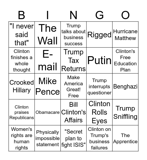 Presidential Debate Bingo Card