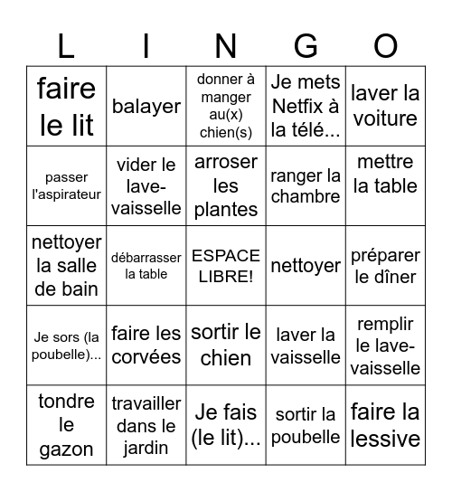 TB1 7A/C Les corvées Bingo Card