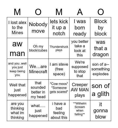 MineCraft Movie Bingo Card