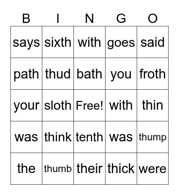 47 Unvoiced Th and Heart Words Bingo Card