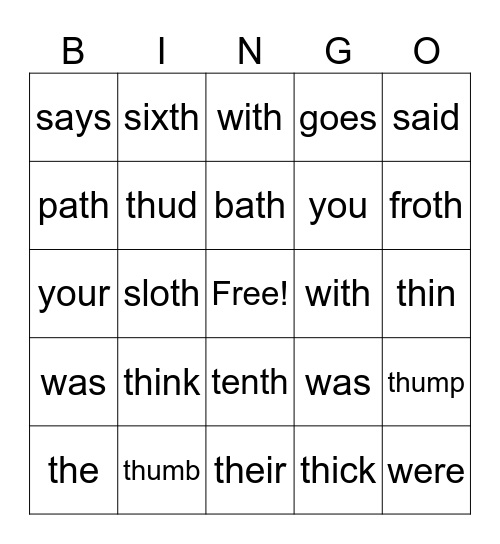 47 Unvoiced Th and Heart Words Bingo Card
