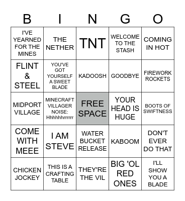 Minecraft Movie Bingo Card