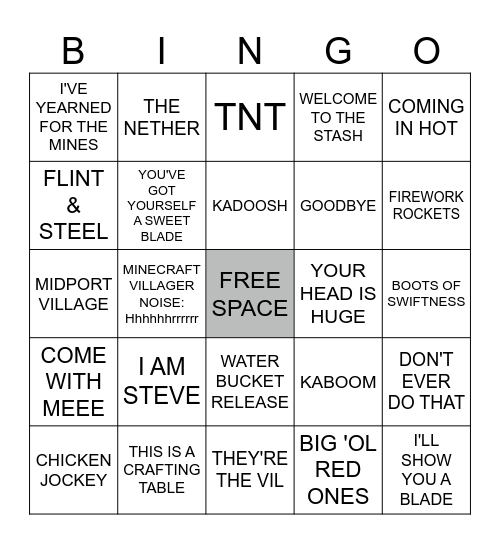 Minecraft Movie Bingo Card