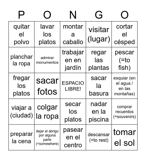 QC1 8A1 Verbos -AR (el pretérito) - quehaceres y vacaciones Bingo Card