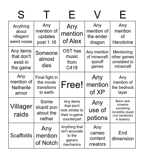 Minecraft movie Bingo Card