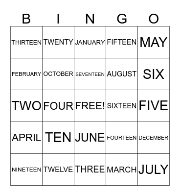 NUMBERS and MONTHS Bingo Card