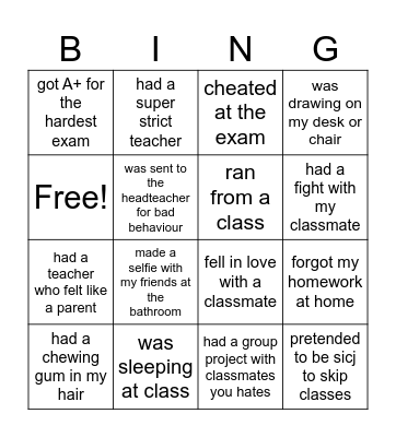School days Bingo Card