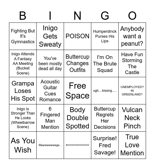 Princess Bride Bingo Card