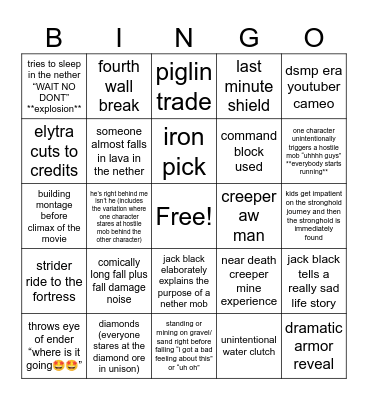 Minecraft Movie Bingo Card