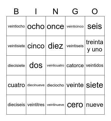 Numeros 0 al 31 Bingo Card