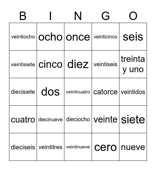 Numeros 0 al 31 Bingo Card