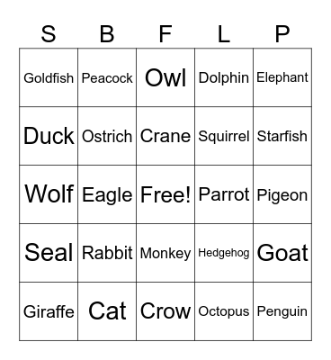 Animal Bingo Card