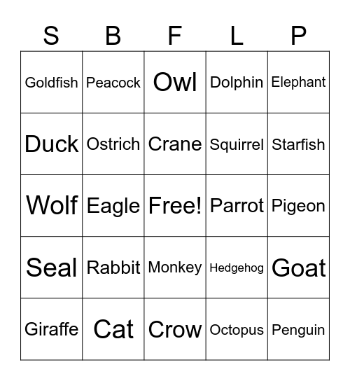 Animal Bingo Card
