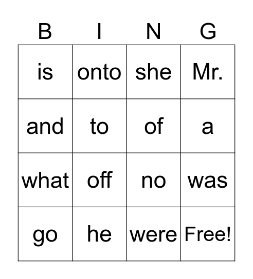 Heart Words Bingo Card