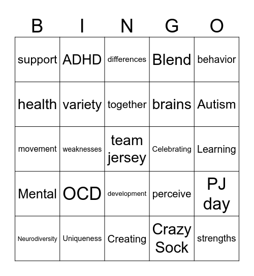 Neurodiverstiy Bingo Card