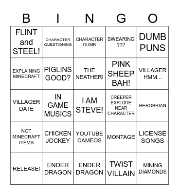 MINECRAFT MOVIE Bingo Card
