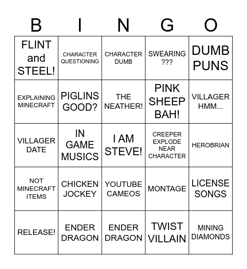 MINECRAFT MOVIE Bingo Card