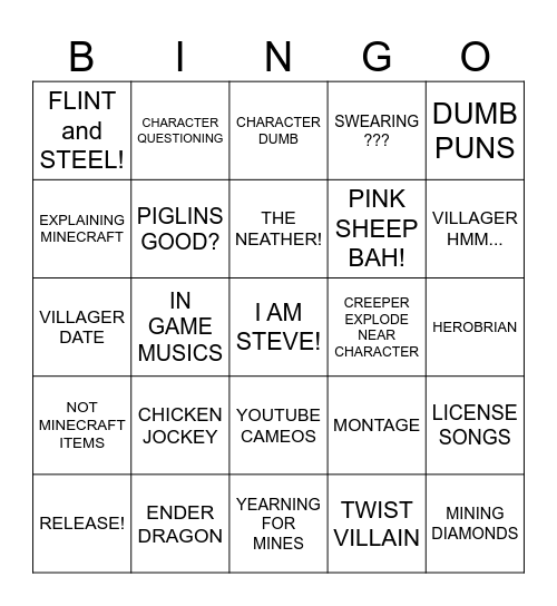 MINECRAFT MOVIE Bingo Card